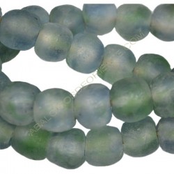 Cuenta de vidrio reciclado tonel azul verdoso irisado 12-13 x 14 x 14 mm